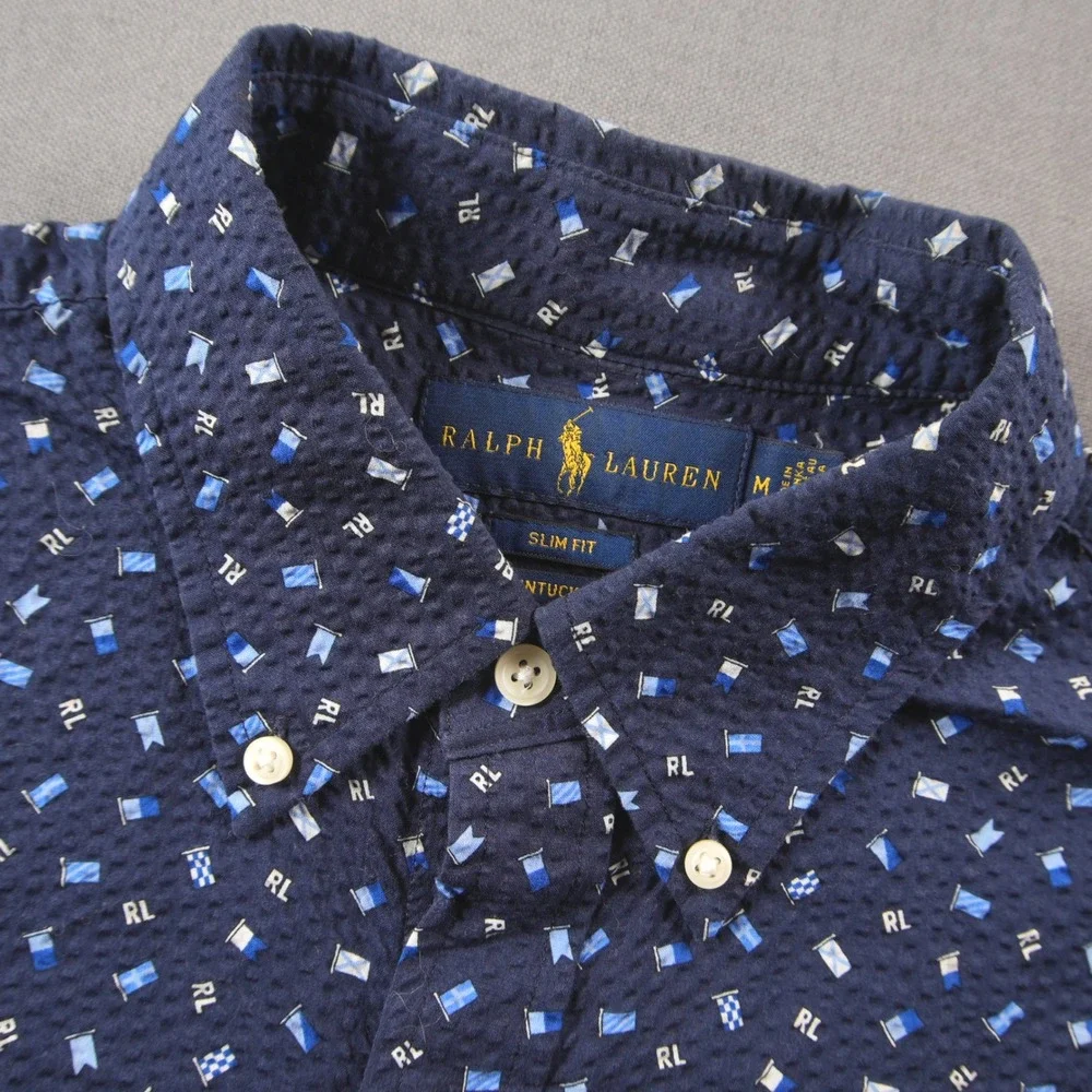 Ralph Lauren Seersucker Untucked Nautical Flag Slim Fit Men Shirt M Sailing Prep